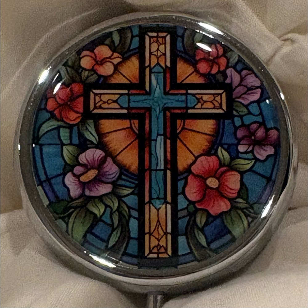 Cross with Flowers Travel Pill Box 3 Compartment Medicine Case NEW Christian